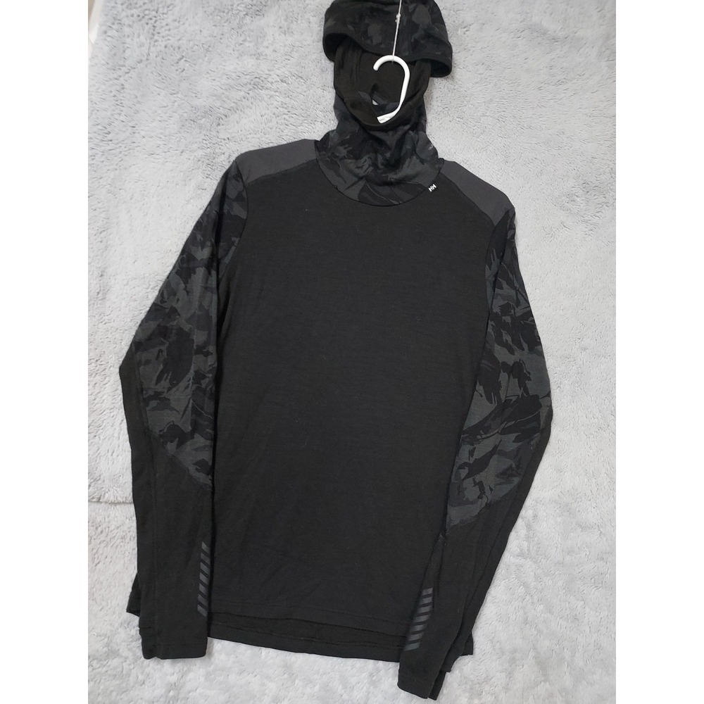 Helly Hansen Hoodie Mens Medium Lifa Merino Wool Camo Balaclava Black Base Layer